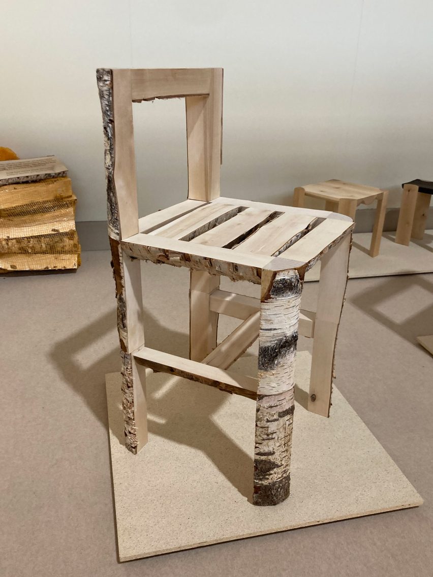 Wooden chair with bark left