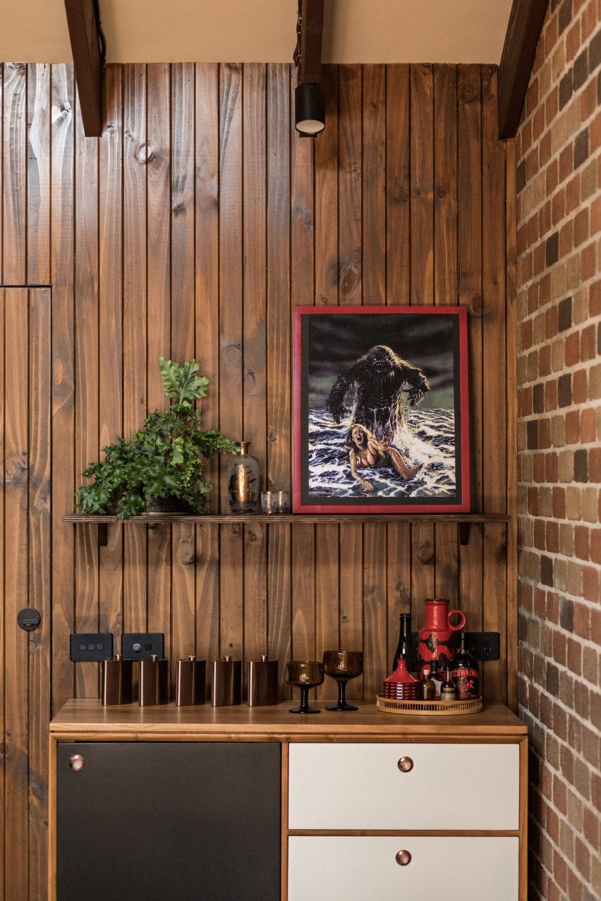 Wood-panelled 1970s-style interior