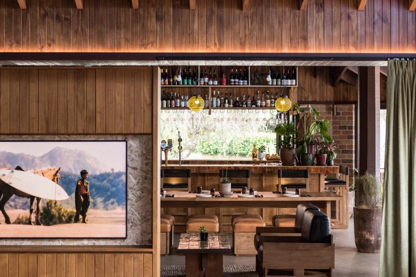 Interior of wood-panelled dining area and bar