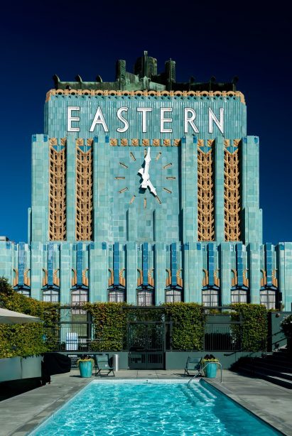 Bright blue tiled art deco building