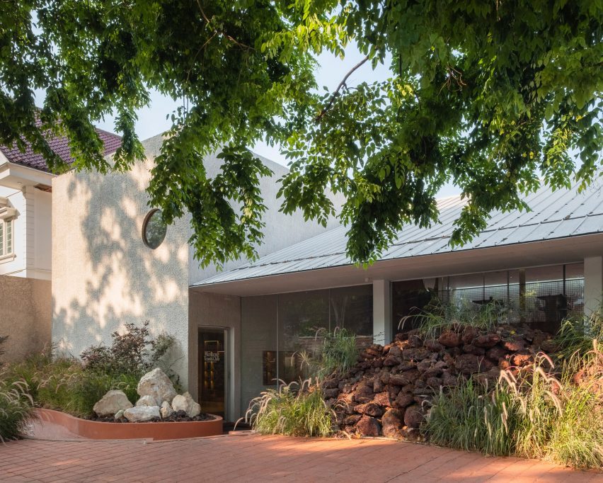 Cafe entrance through trees