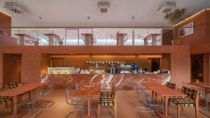 The cafe is filled with terracotta colour