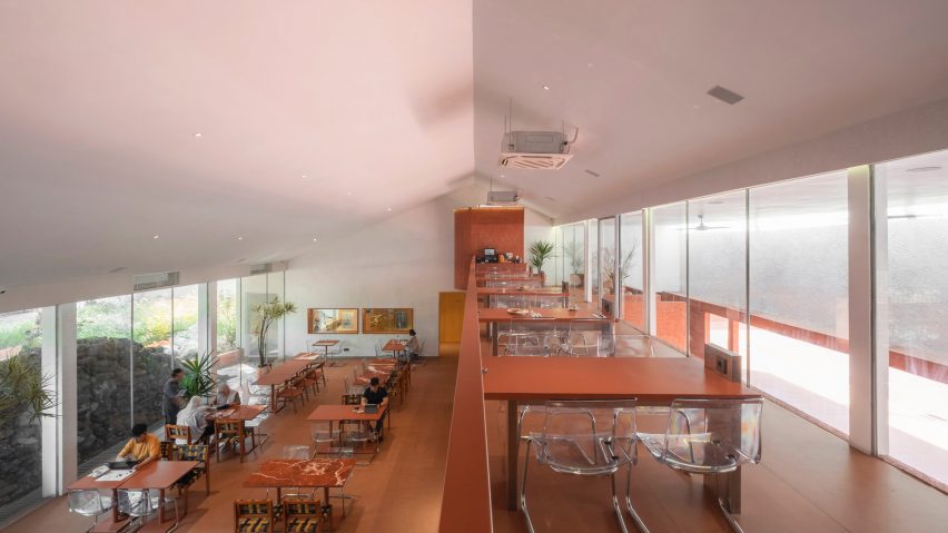 Mezzanine cafe space in gabled roof