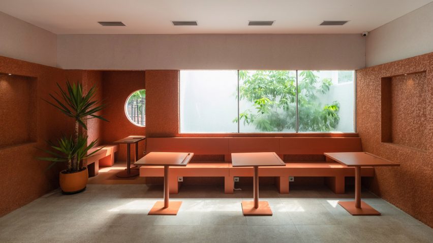 Tables and chairs in cafe setting