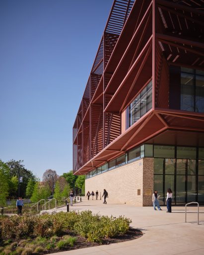 Academic building encased with metal screens