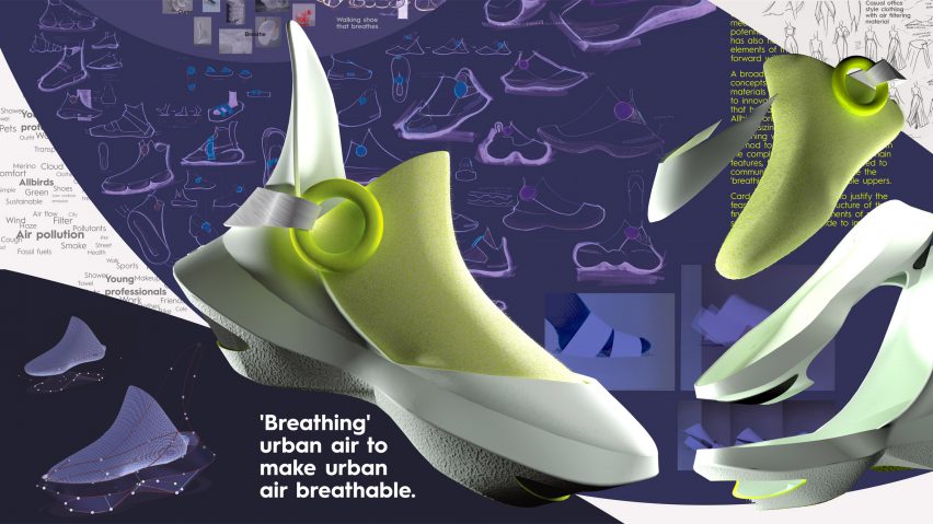 a digital visualisation of a show prototype, in tones of green and white against a purple backdrop