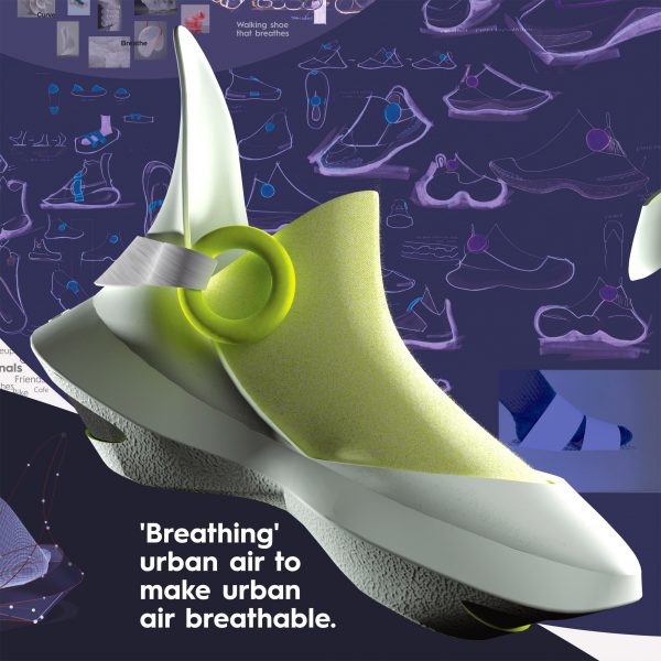 a digital visualisation of a show prototype, in tones of green and white against a purple backdrop