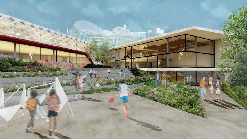 a visualisation of an arts centre for young people, with people around it. there is a blue sky above
