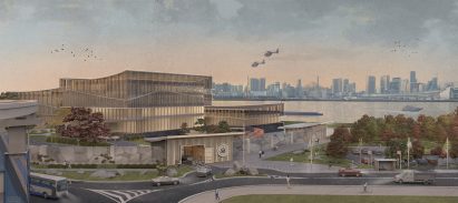 a visualisation of an embassy design against a city skyline