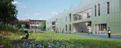 a visualisation of a building in tones of green, with a green field in front of it
