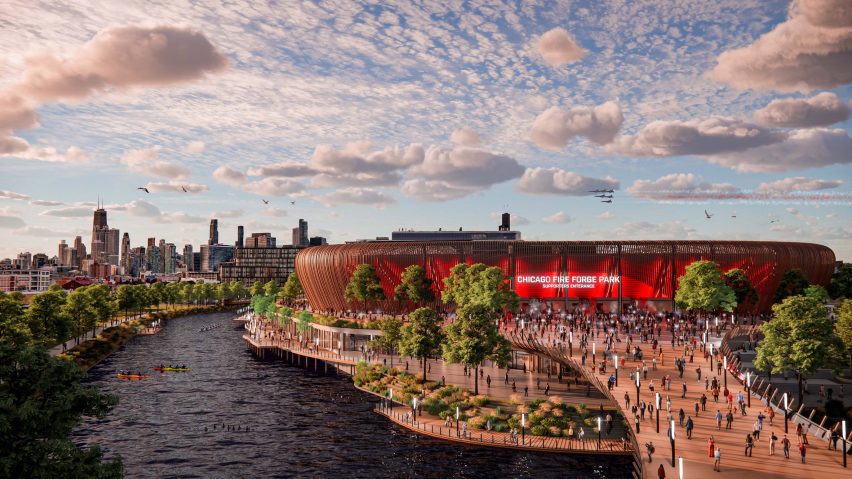 a visualisation of an arena in tones of grey and red, with a large crowd of people entering it. There is a blue sky above with clouds in it