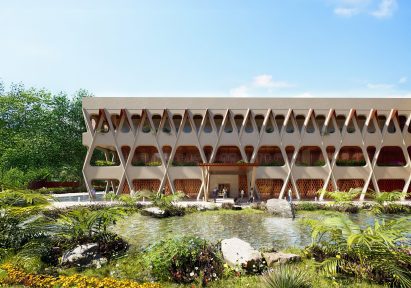 a visualisation of a design for an embassy, in tones of beige with greenery and a pond in front of it