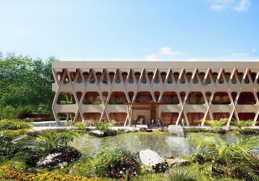 a visualisation of a design for an embassy, in tones of beige with greenery in front of it