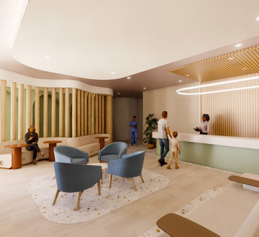 a visualisation of the interior of a health centre in tones of beige