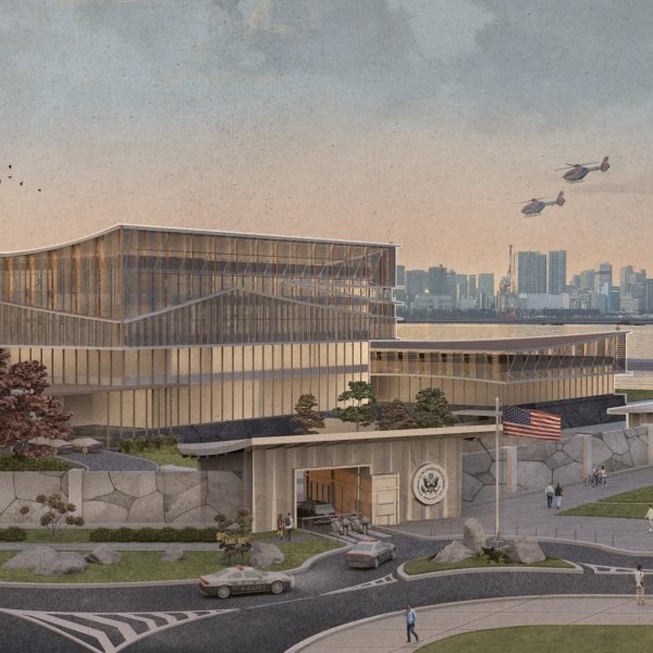 A visualisation of a design of a US embassy