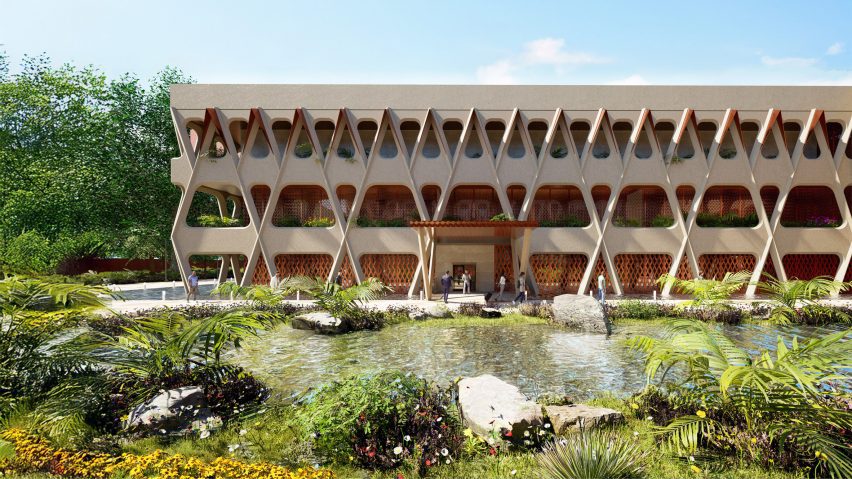 a visualisation of a design for an embassy with a green pond in front of it