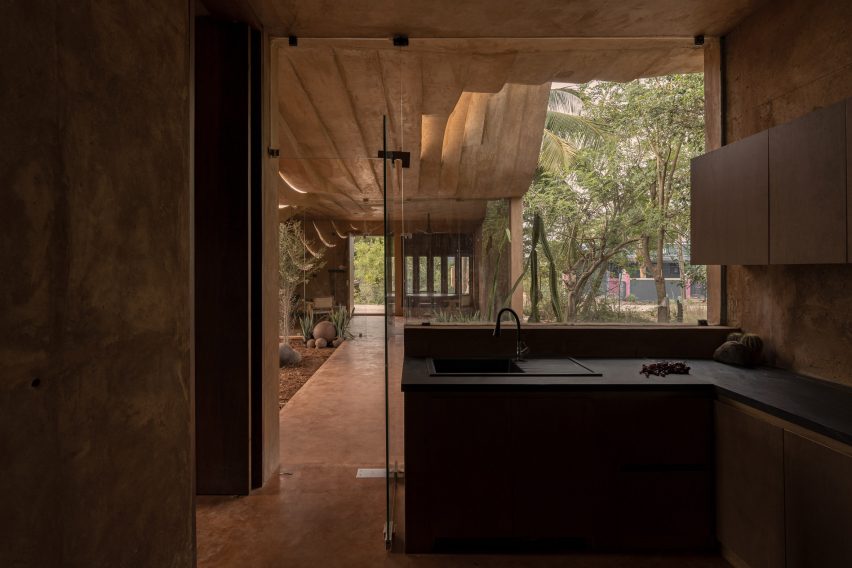 Interior of the concrete Vaazh House in India
