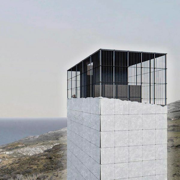 a visualisation of a tower in tones of white and black, against a sea view landscape