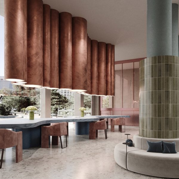 a visualisation of a hostel lobby in tones of beige, green, brown and blue.