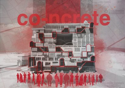 a visualisation of a building amongst red and grey tones, with large red text that reads 'co-ncrete' 