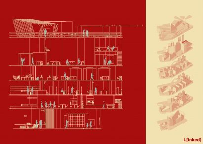 a diagram in tones of red and yellow of a building plan