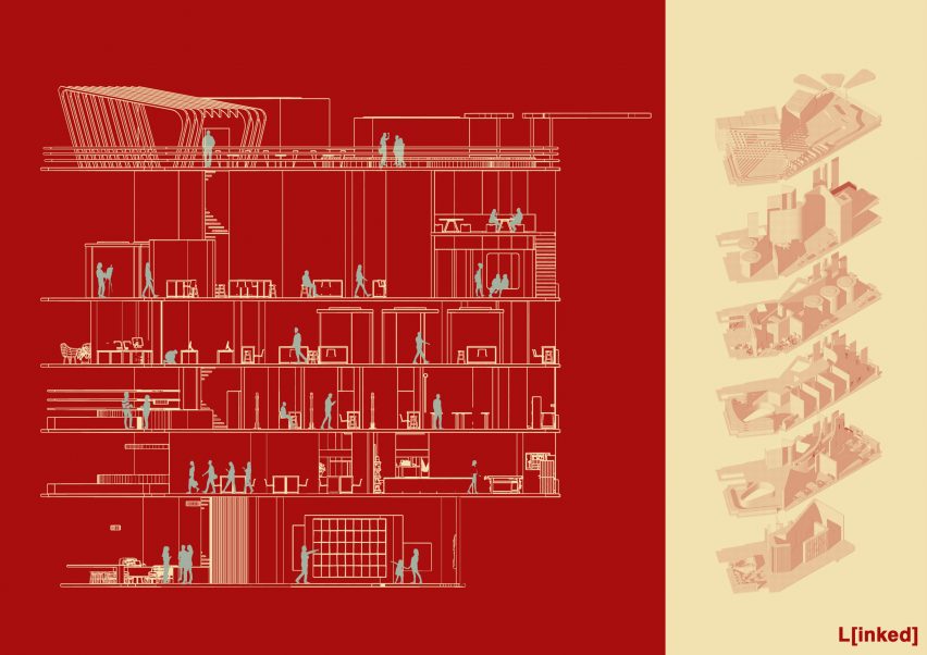 a diagram in tones of red and yellow of a building