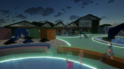 a visualisation of a park in with floors in tones of green and blue