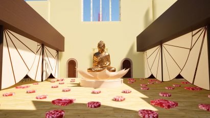 a visualisation of a yoga studio in tones of beige and brown 