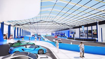 a visualisation of a car museum in tons of blue and white