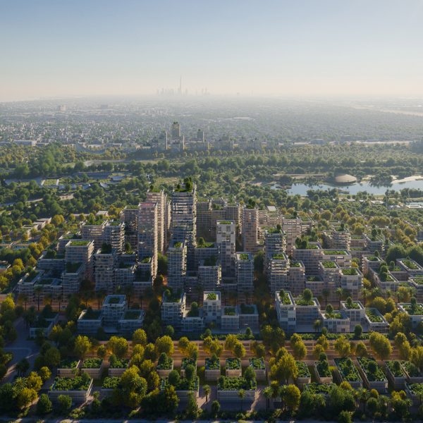 Bird's eye view render of Dubai masterplan
