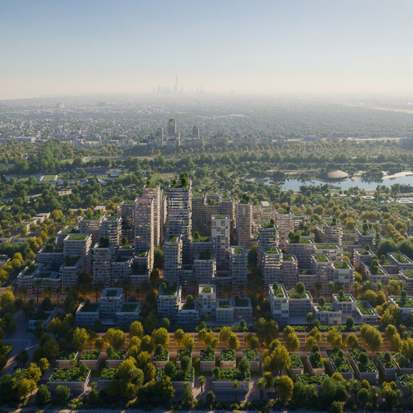 Bird's eye view render of Dubai masterplan