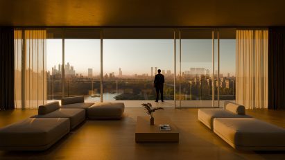 Render of a residential space with a large window. A person is looking at the urban landscape outside of the window 