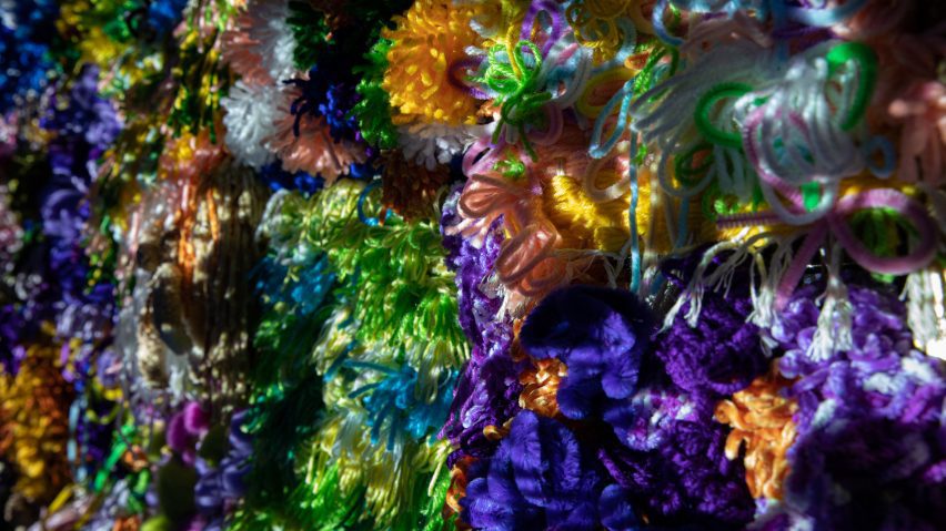 Close up photo of colourful Unwoven Memories tapestry