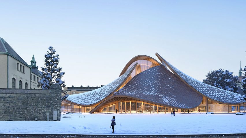 a visualisation of a building in amongst a snowy environment