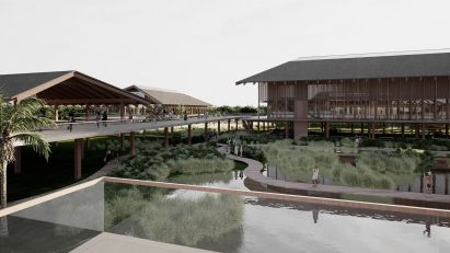 a visualisation of an agricultural site showing a lake and surrounding buildings