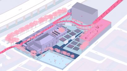a diagram of a building in tones of pink, purple, blue and white