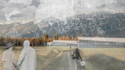 an image displaying a landscape in tones of green and brown, with images overlaid in grey tones of people and a map
