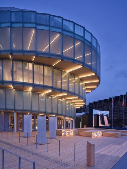 Glass pavilion at night