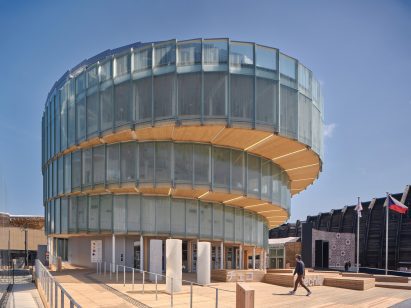View of spiralling glass pavilion