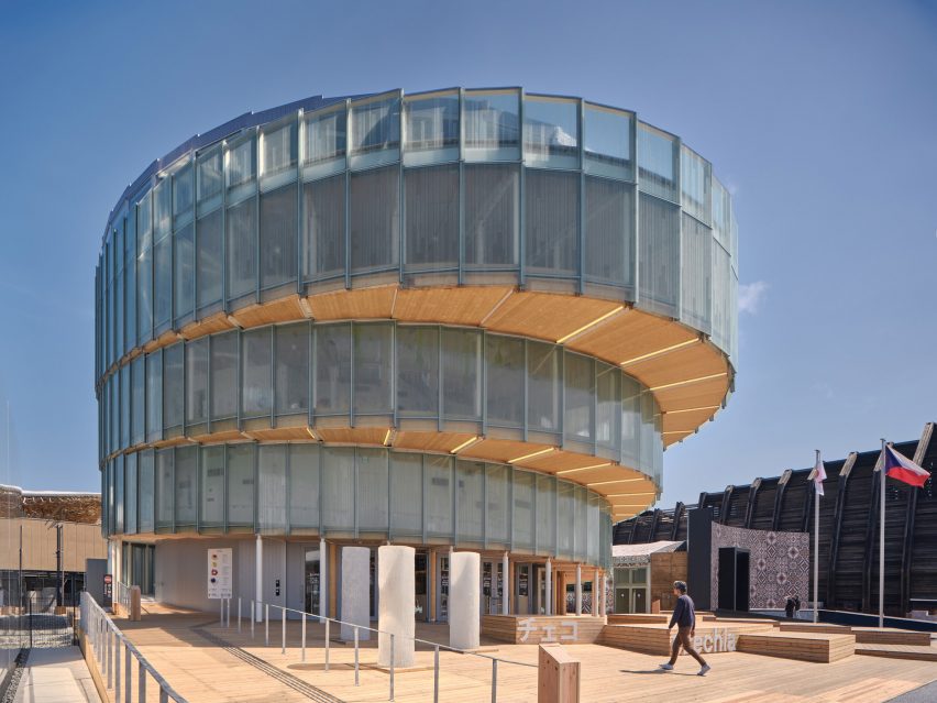 View of spiralling glass pavilion