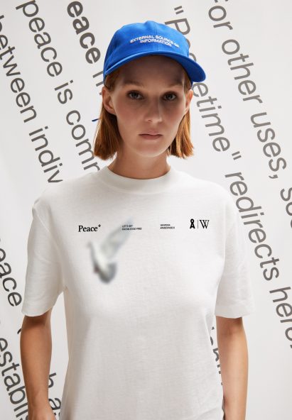 Person wearing a blue hat and white Tshirt from Wikipedia fashion collection