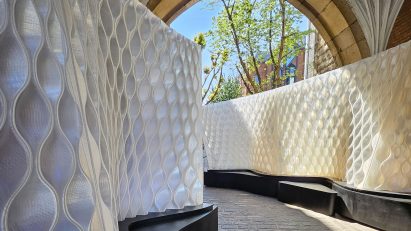 Close-up of Arthur Mamou-Mani's Harmonic Tides installation at St John's Gate archway