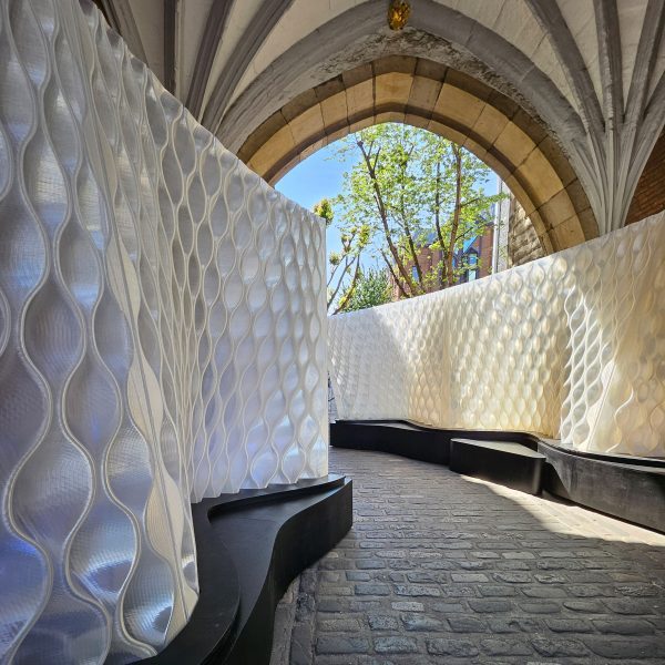 Close-up of Arthur Mamou-Mani's Harmonic Tides installation at St John's Gate archway