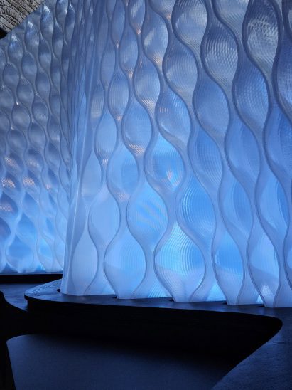 Close-up of 3D-printed bioplastic material of Arthur Mamou-Mani's Harmonic Tides installation