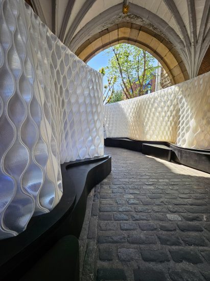 Close-up of Arthur Mamou-Mani's Harmonic Tides installation at St John's Gate archway