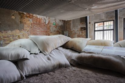 Sandbag seating in an installation at the Venice Architecture Biennale