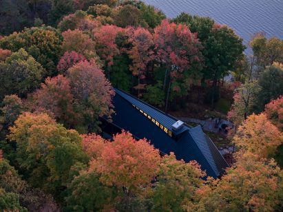 Black lakeside home poking through the trees