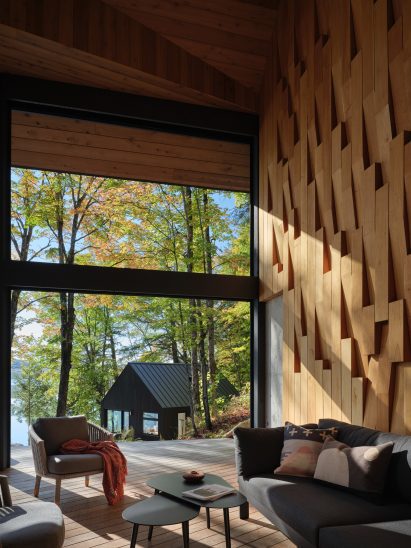 Wooden wall with recessed lighting