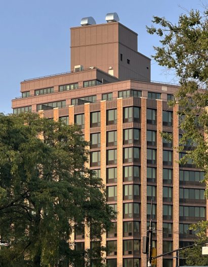 Multi-story One Park Point residential tower in Brooklyn with decorative brick exterior. The stepped building design showcases special shaped brick facades with a sawtooth pattern by The Belden Brick Company, creating visual texture across the terracotta-colored structure framed by trees against a clear sky.
