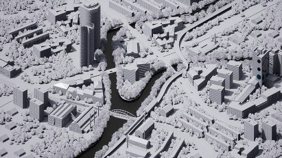 a greyscale image depicting a city from above